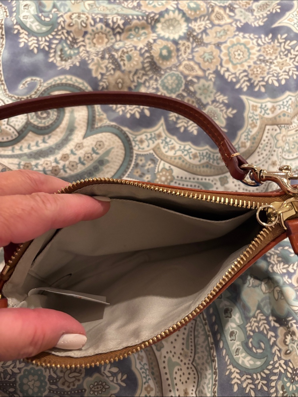 Dooney & Bourke Blue NY Logo Wristlet with Brown Trim - Picture 3 of 3